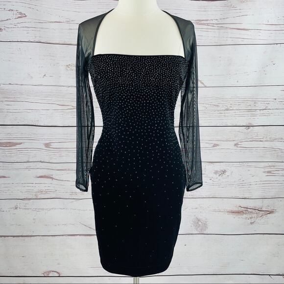 Tadashi Shoji vintage black velvet glitter dress sheer shrug style bodice - Picture 1 of 16